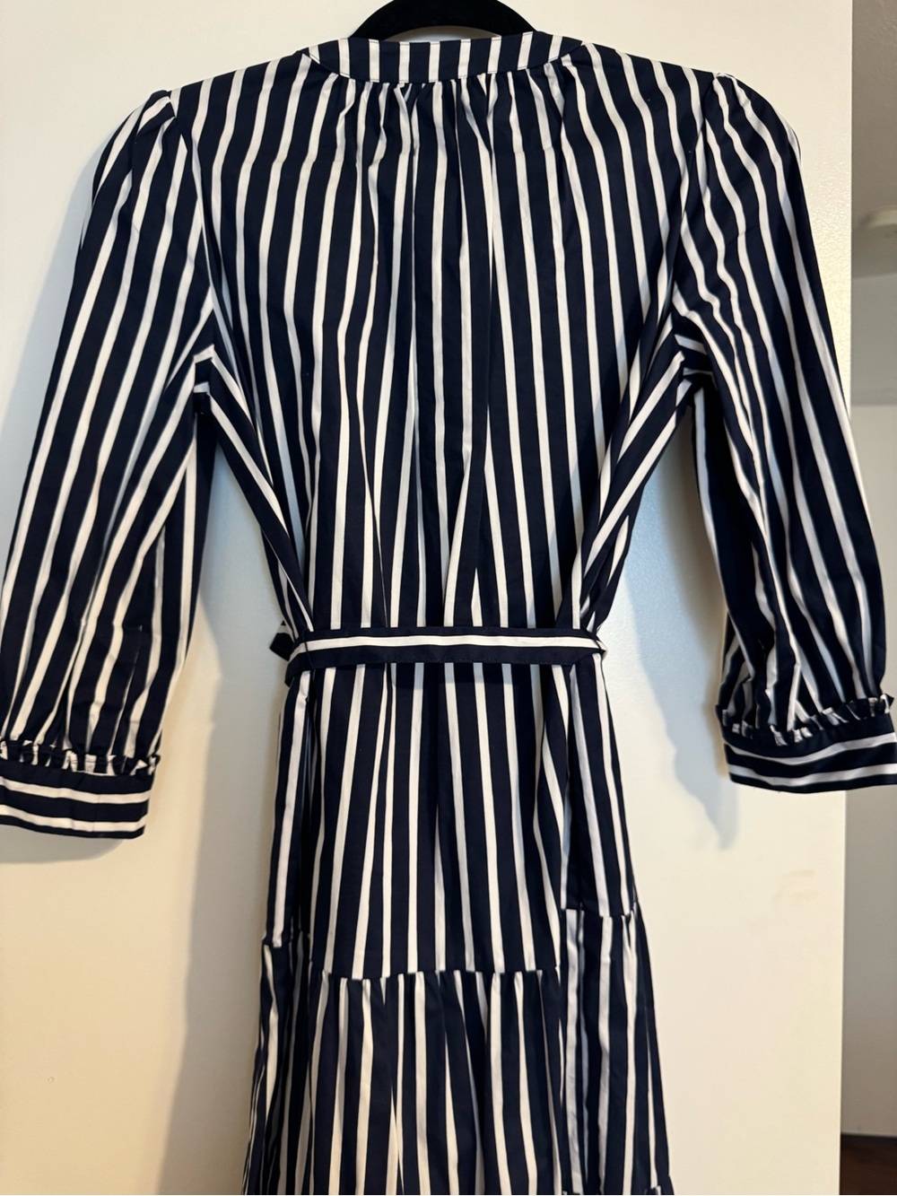 Draper James Navy and White Vertical Stripe Tiered Shirt Dress - Picture 3 of 6